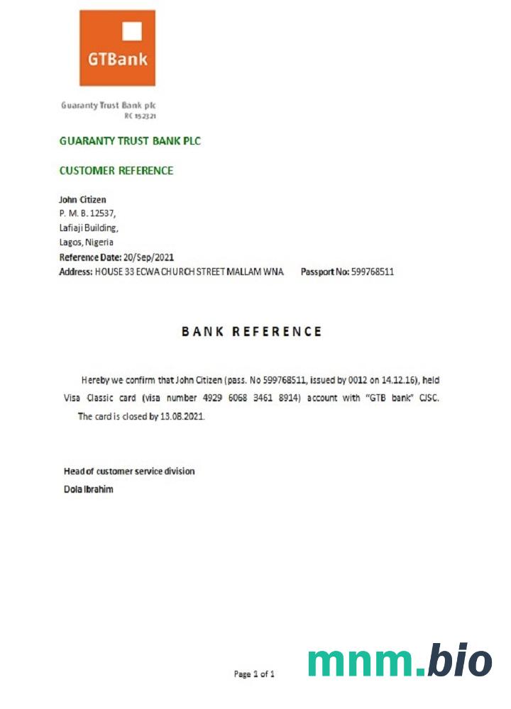 Nigeria GTBank zamknięcie przykład odniesienia w formatach Word i PDF